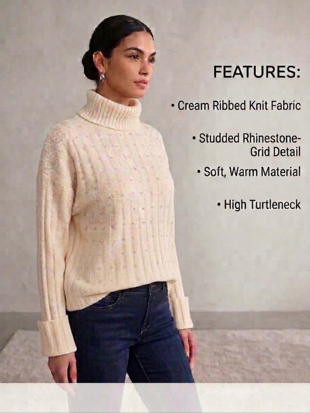 Ribbed Cream Turtleneck Sweater with Rhinestone Embellishments